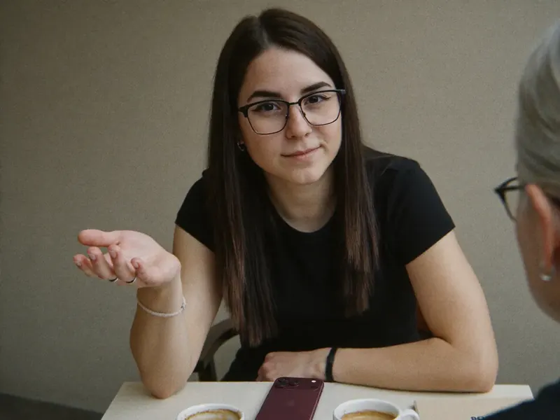 Ana seduta al tavolino di un bar con la titolare, le spiega cosa farebbe